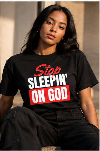 Female model wearing Stop Sleepin’ On God black red tee