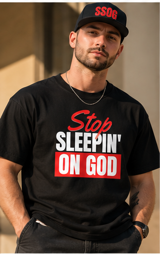 Male model wearing Stop Sleepin’ On God black red tee
