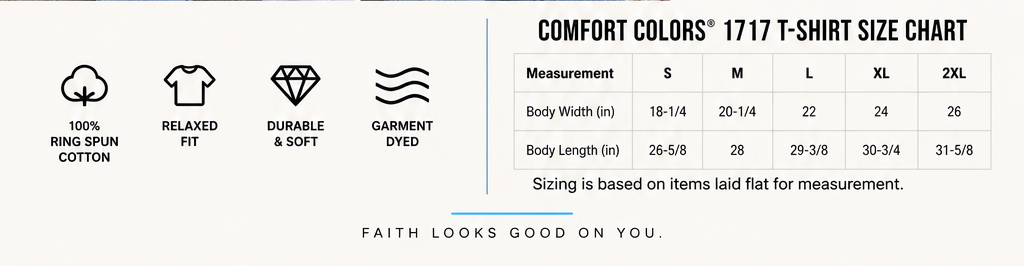 Comfort Colors 1717 size guide for Stop Sleepin’ On God tees