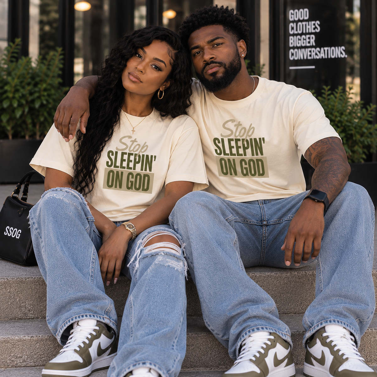 Male and female models wearing CLASSIC LOGO TEE — CREAM/OLIVE