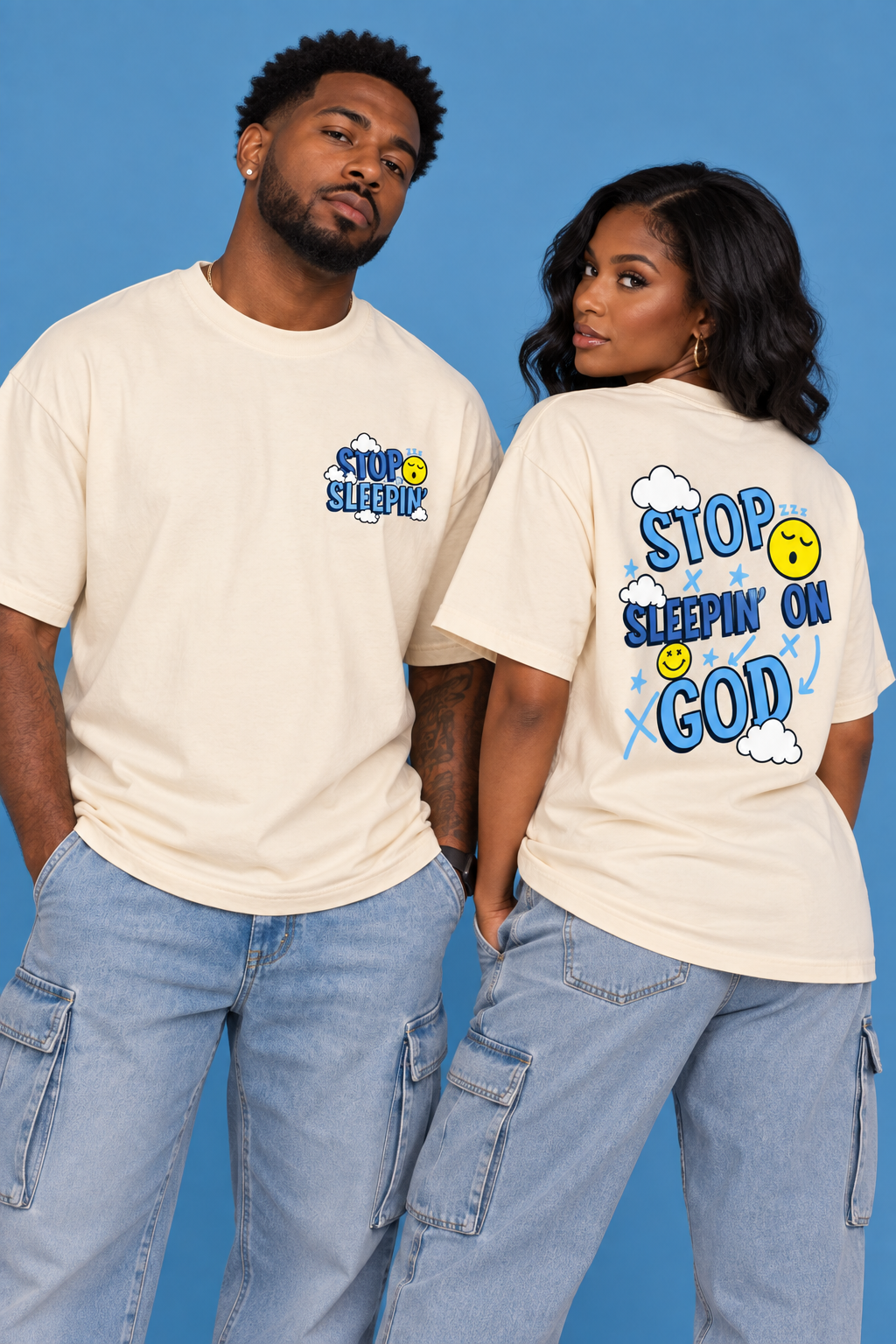 Stop Sleepin’ Tee / Blue modeled front and back