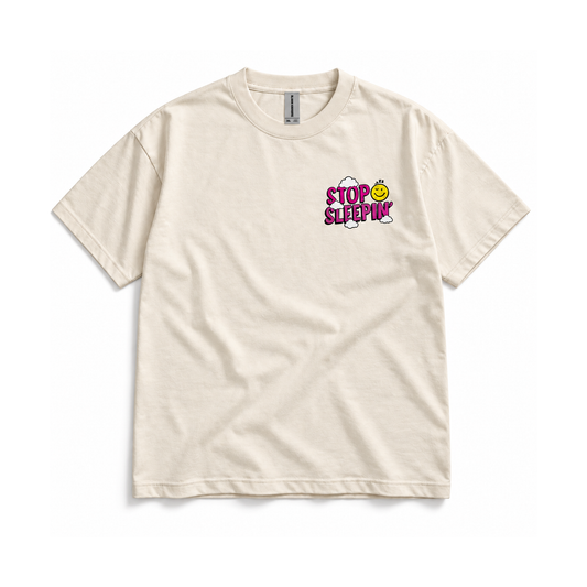 Stop Sleepin’ Tee / Pink front